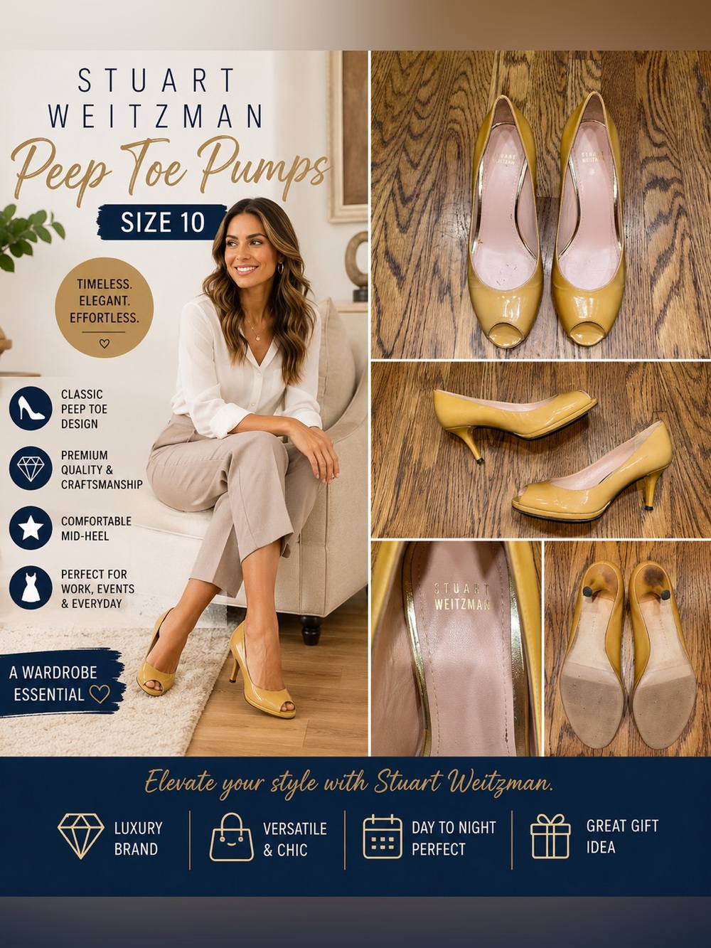 Stuart Weitzman Patent Leather Peep Toe Pumps Mustard Yellow Size 10
